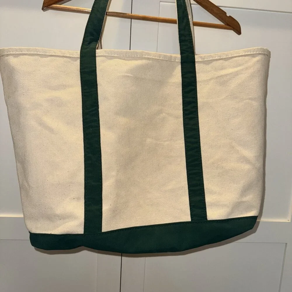 Lands End Boat and Tote XL Tote Bag Handbag Green Ivory USA - Picture 6 of 10